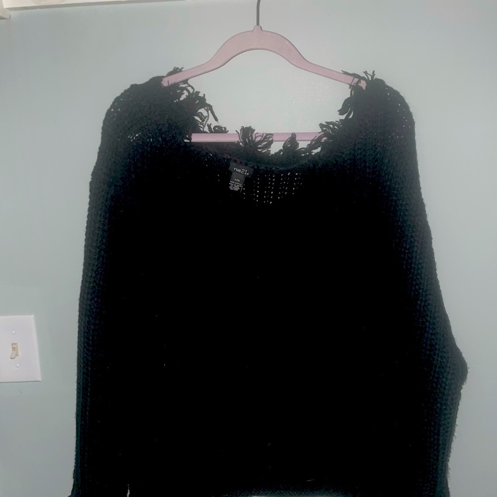 Black wide neck distressed sweater to be work off the shoulder